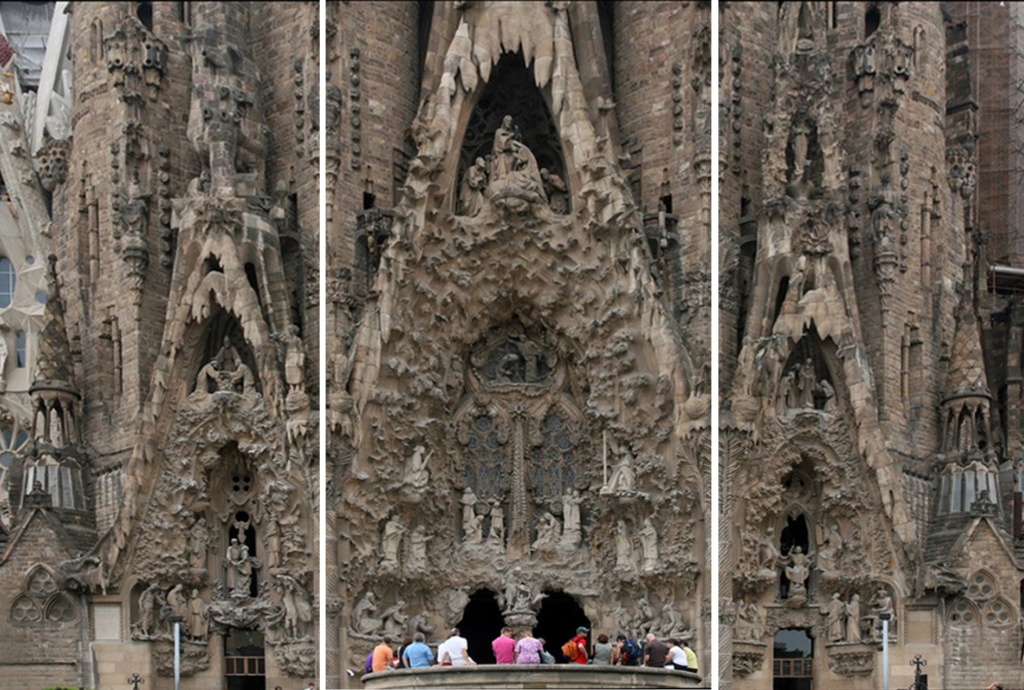 ИСКУПИТЕЛЬНЫЙ ХРАМ СВЯТОГО СЕМЕЙСТВА (кат. Temple Expiatori de la Sagrada Família). Фасад "РОЖДЕСТВА ХРИСТОВА". Центральный портал - "МИЛОСЕРДИЕ". Левый - "НАДЕЖДА". Правый - "ВЕРА".