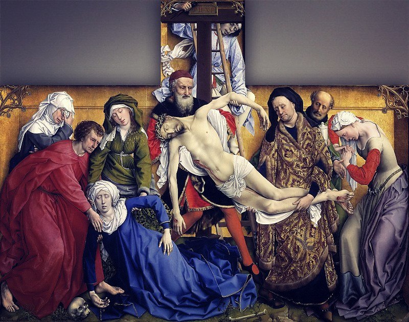 Рогир ван дер Вейден. "Снятие с креста". Ранее 1443, Музей Прадо. Выполненный по заказу гильдии стрелков г. Лувена. алтарный образ является признанным шедевром мировой живописи.
