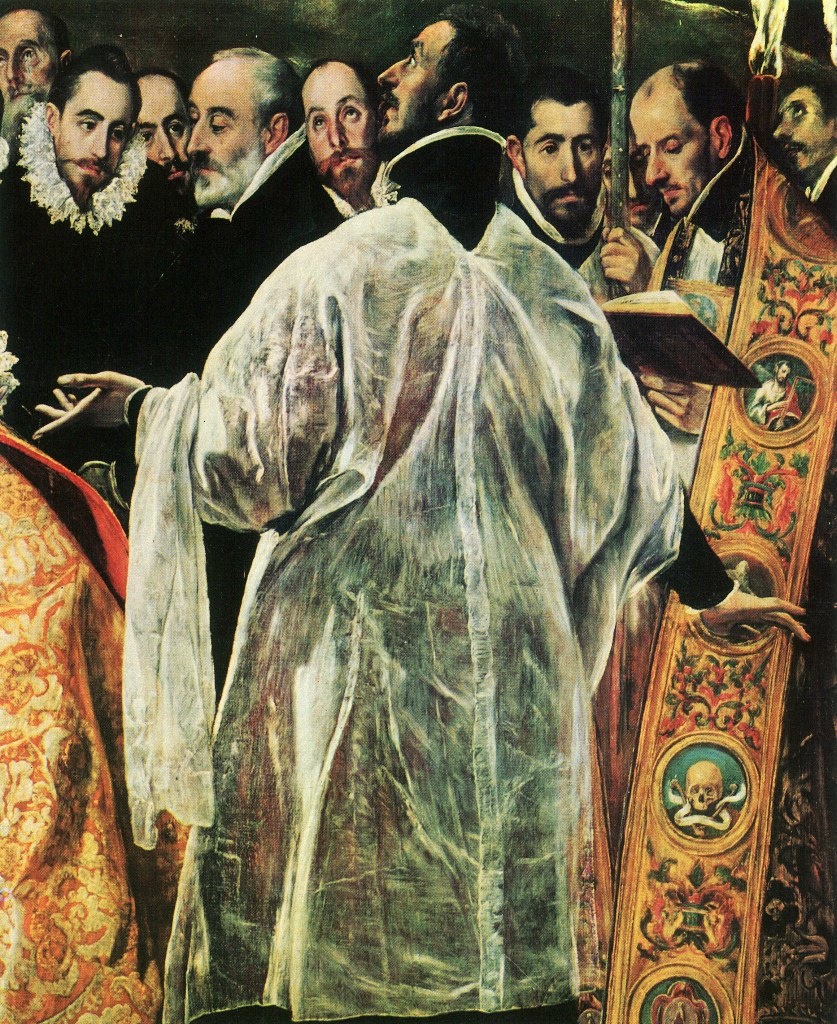 Эль Греко. «Погребение графа Оргаса». 1586 - 1588 годы. Правый фрагмент со священником в прозрачной рясе, стоящим к зрителям спиной, подняв голову к небу. Это - ЯСНОВИДЯЩИЙ...