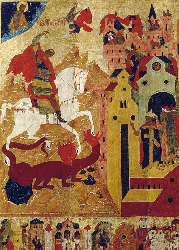 Новгородская икона "Чудо Георгия о змие" с клеймами. Главный фрагмент иконы