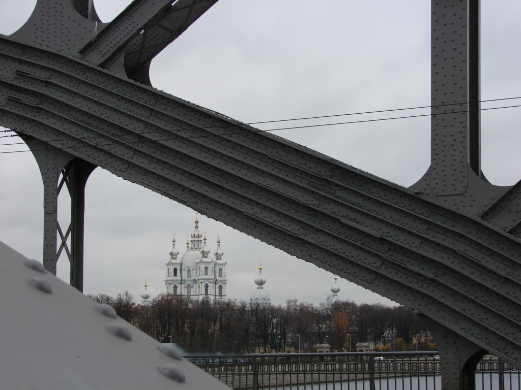 Вид на Смольный монастырь через решетку "Моста императора Петра Великаго".